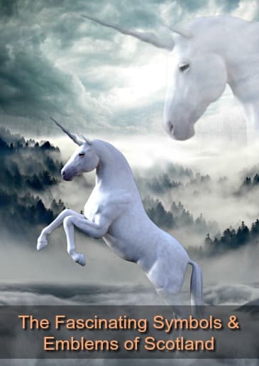 Depiction of two white unicorns against mountains and mist